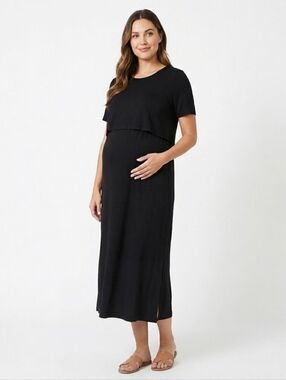 Thyme Maternity Nursing Midi Dress NWT Black Large Short Sleeve Lift Up Access